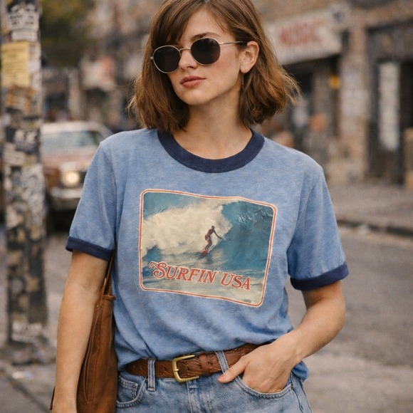 Thunderbird Sportswear Tops - Vintage Thunderbird Sportswear Surfin USA Ringer T Shirt Blue